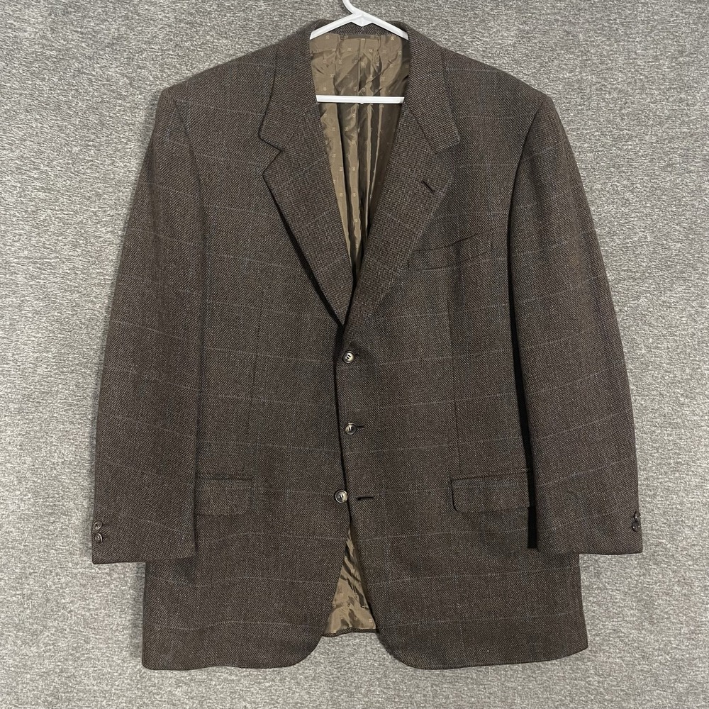 Brioni Blazer Mens 48L Brown Windowpane Plaid 100% Cashmere Italy Double Vented